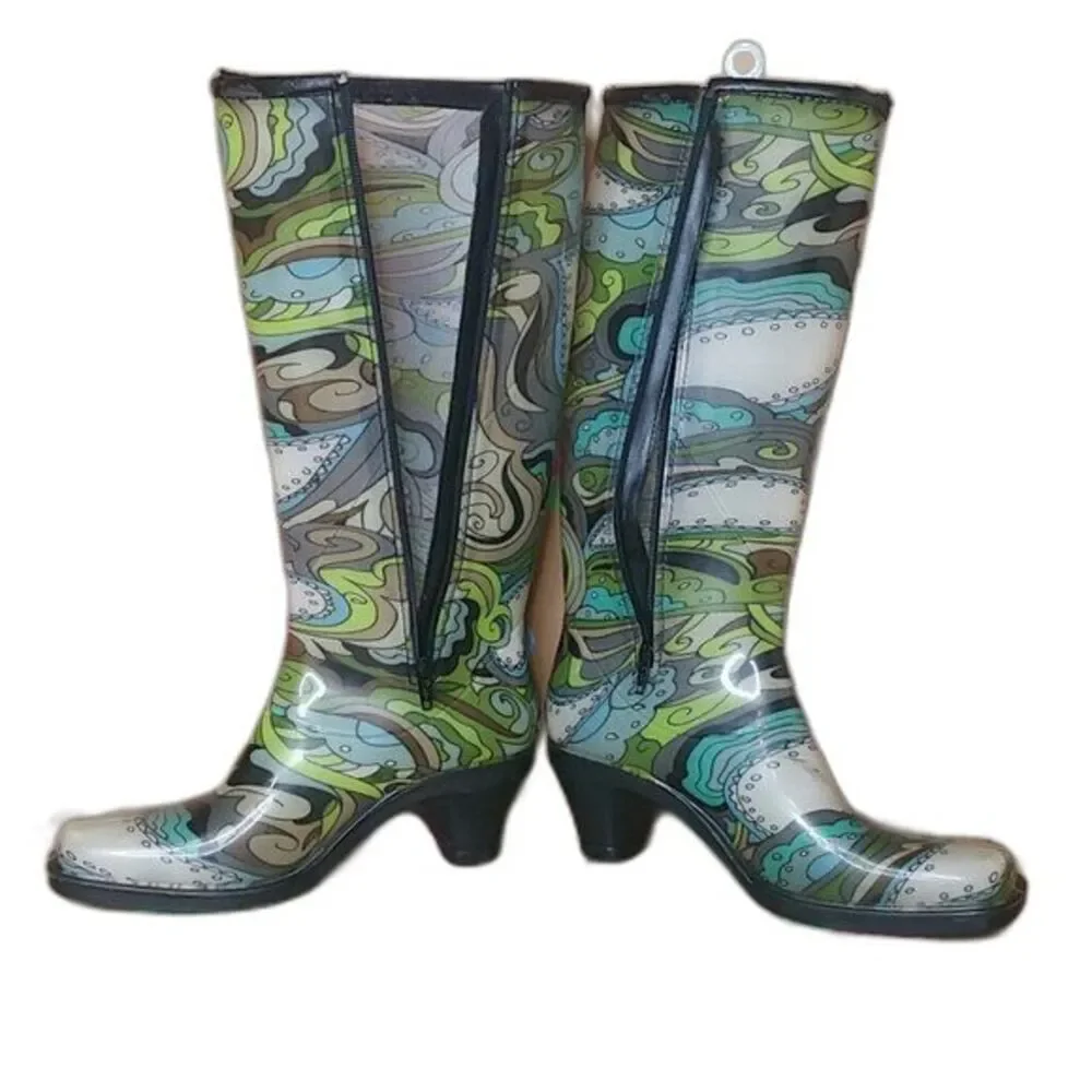 Dav Green and Blue Paisley Print Rain Boots Womens Size Large  8-9